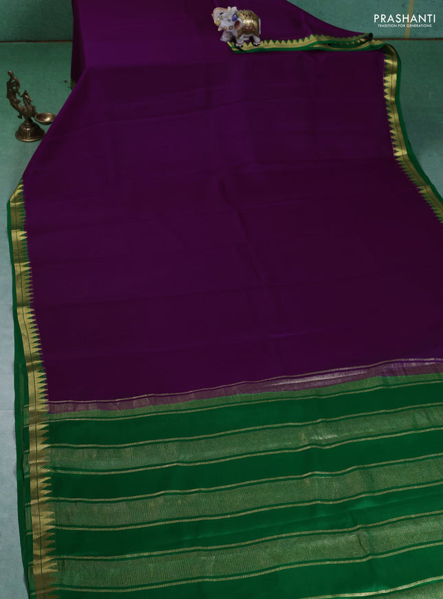 Pure mysore silk saree purple and green with plain body and small zari woven border