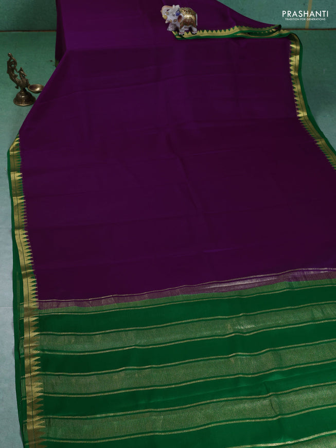 Pure mysore silk saree purple and green with plain body and small zari woven border