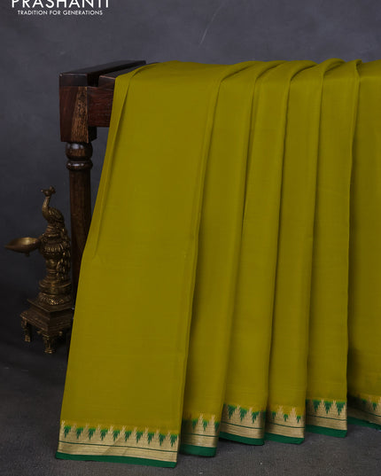 Pure mysore silk saree lime yellow and green with plain body and small zari woven border