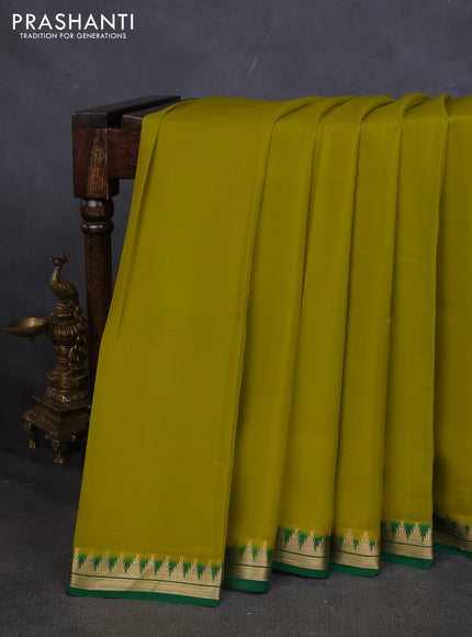 Pure mysore silk saree lime yellow and green with plain body and small zari woven border