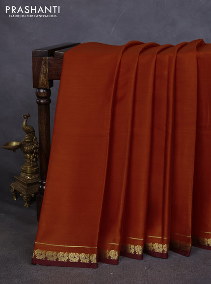 Pure mysore silk saree rustic orange and maroon with plain body and small zari woven border