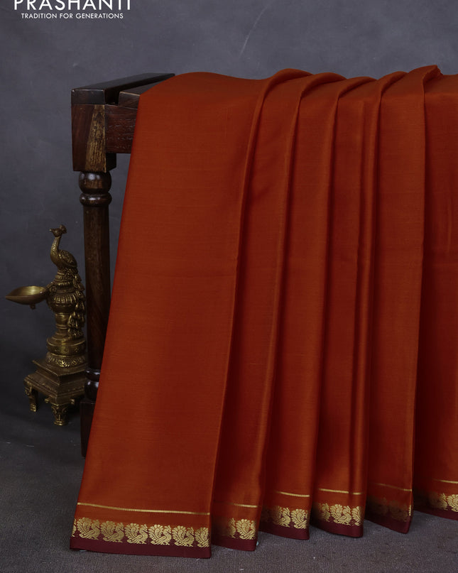 Pure mysore silk saree rustic orange and maroon with plain body and small zari woven border