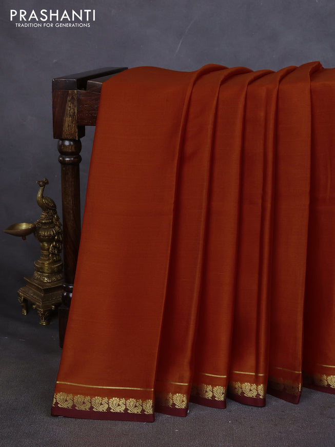 Pure mysore silk saree rustic orange and maroon with plain body and small zari woven border