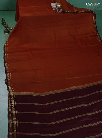 Pure mysore silk saree rustic orange and maroon with plain body and small zari woven border