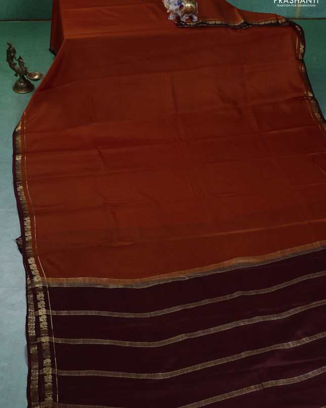 Pure mysore silk saree rustic orange and maroon with plain body and small zari woven border
