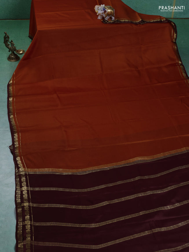 Pure mysore silk saree rustic orange and maroon with plain body and small zari woven border