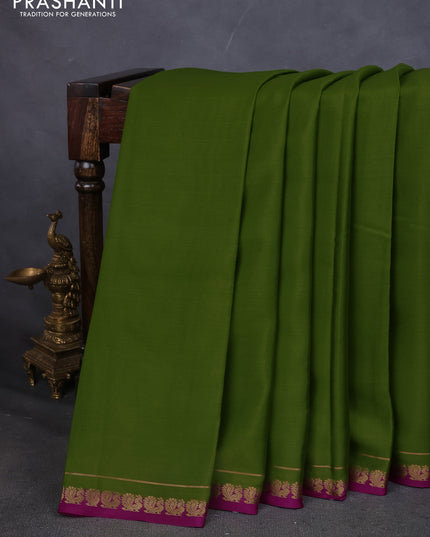 Pure mysore silk saree mehendi green and purple with plain body and small zari woven border