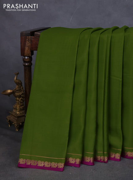 Pure mysore silk saree mehendi green and purple with plain body and small zari woven border