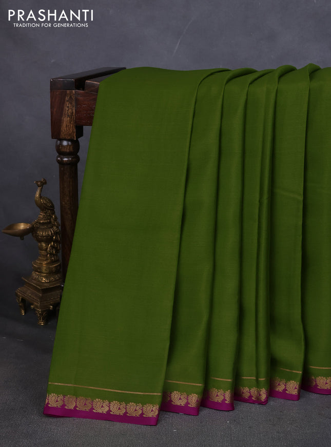 Pure mysore silk saree mehendi green and purple with plain body and small zari woven border