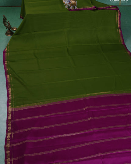 Pure mysore silk saree mehendi green and purple with plain body and small zari woven border
