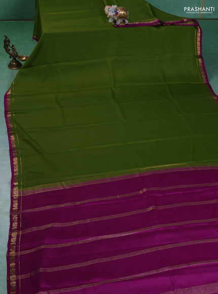 Pure mysore silk saree mehendi green and purple with plain body and small zari woven border