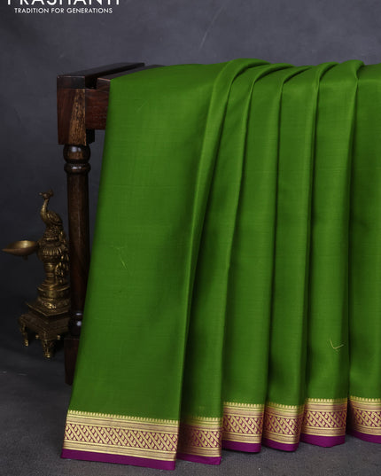 Pure mysore silk saree mehendi green and purple with plain body and zari woven border