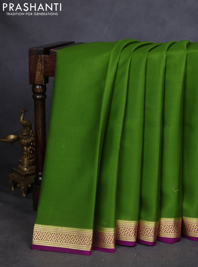 Pure mysore silk saree mehendi green and purple with plain body and zari woven border