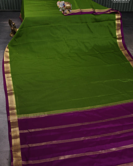 Pure mysore silk saree mehendi green and purple with plain body and zari woven border