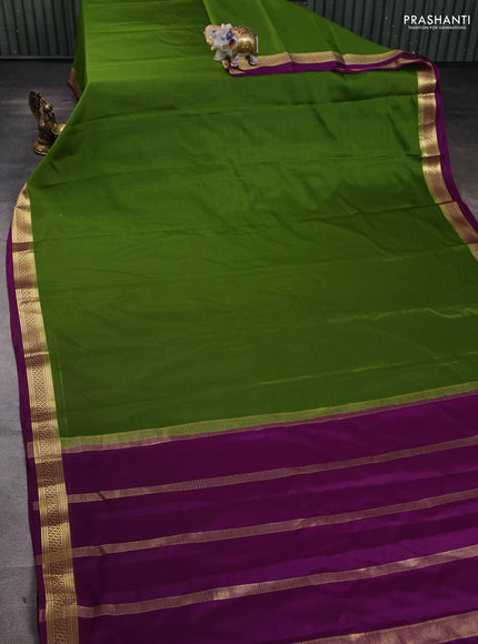 Pure mysore silk saree mehendi green and purple with plain body and zari woven border