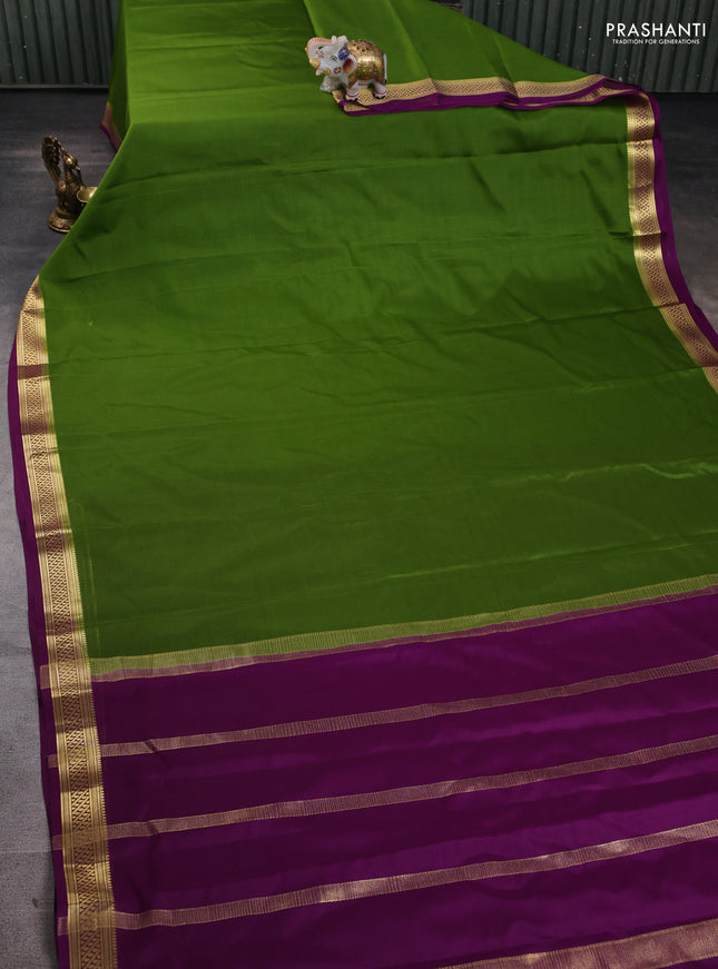 Pure mysore silk saree mehendi green and purple with plain body and zari woven border