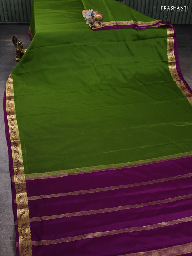 Pure mysore silk saree mehendi green and purple with plain body and zari woven border
