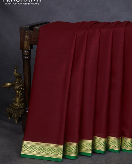 Pure mysore silk saree maroon and green with plain body and zari woven border