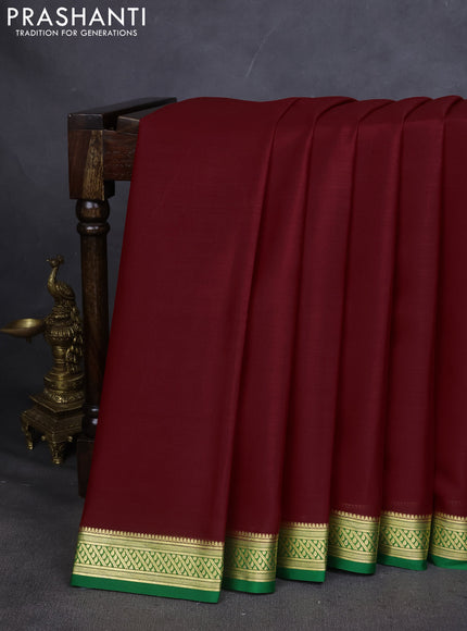 Pure mysore silk saree maroon and green with plain body and zari woven border