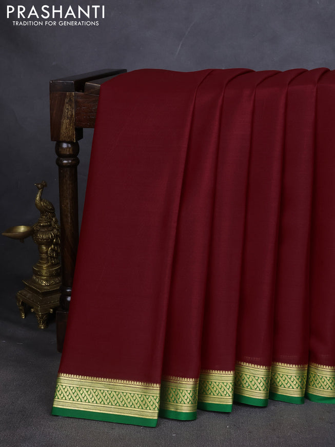 Pure mysore silk saree maroon and green with plain body and zari woven border