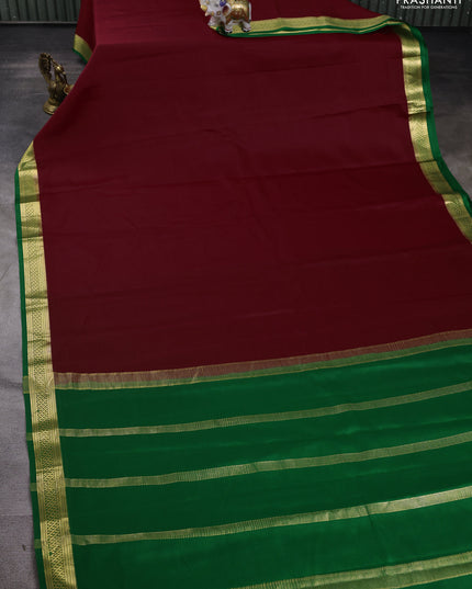 Pure mysore silk saree maroon and green with plain body and zari woven border