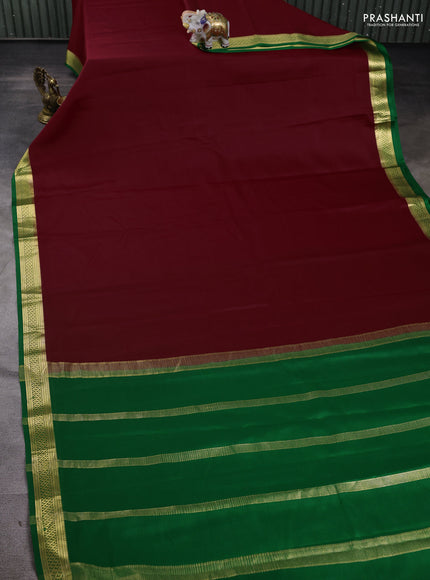 Pure mysore silk saree maroon and green with plain body and zari woven border