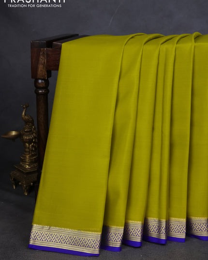 Pure mysore silk saree lime yellow and blue with plain body and zari woven border