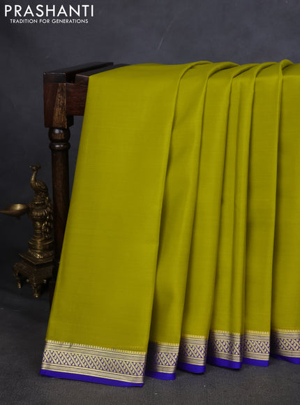 Pure mysore silk saree lime yellow and blue with plain body and zari woven border
