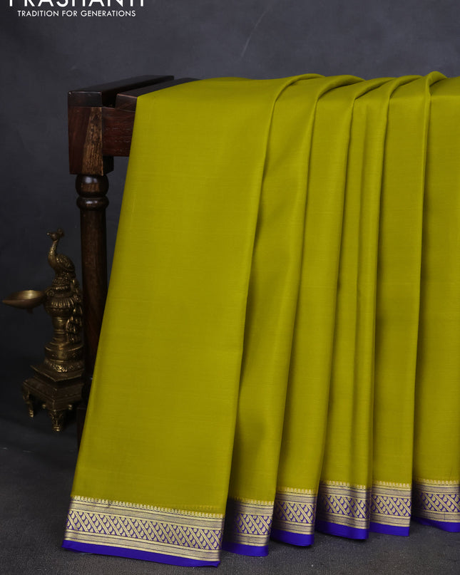 Pure mysore silk saree lime yellow and blue with plain body and zari woven border