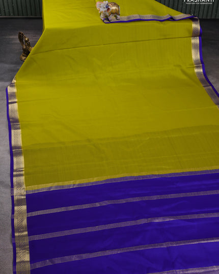 Pure mysore silk saree lime yellow and blue with plain body and zari woven border