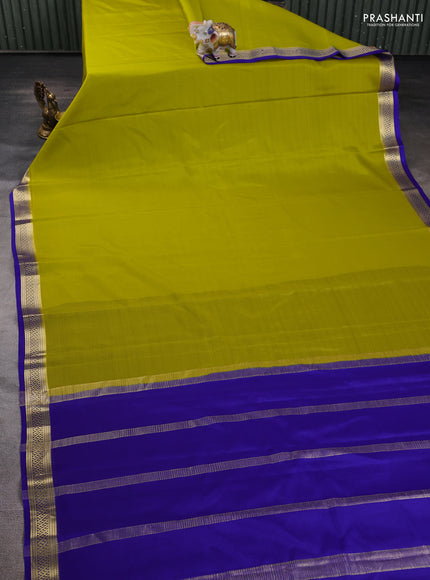 Pure mysore silk saree lime yellow and blue with plain body and zari woven border