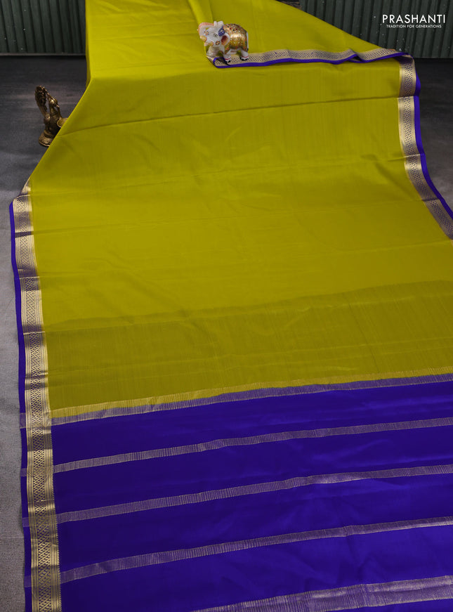 Pure mysore silk saree lime yellow and blue with plain body and zari woven border