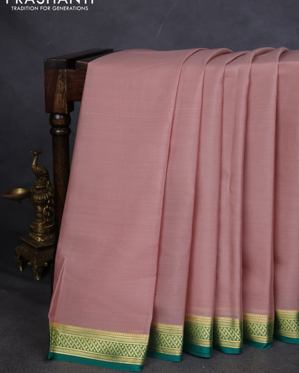 Pure mysore silk saree pastel brown and teal green with plain body and zari woven border