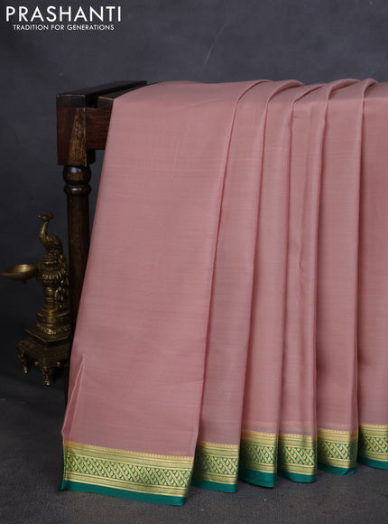Pure mysore silk saree pastel brown and teal green with plain body and zari woven border