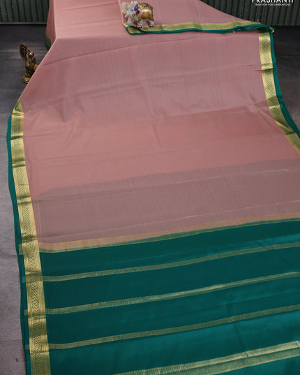 Pure mysore silk saree pastel brown and teal green with plain body and zari woven border
