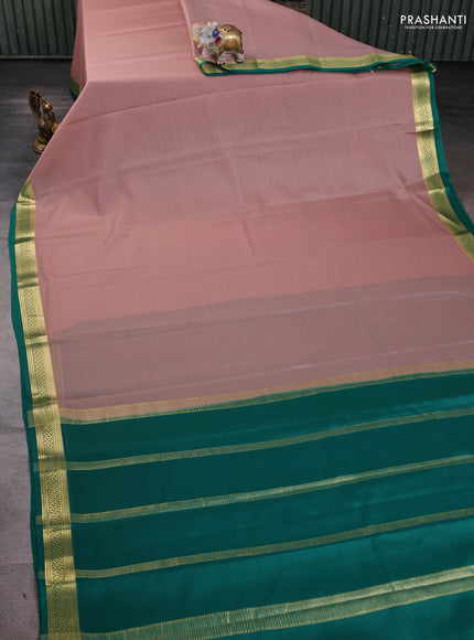 Pure mysore silk saree pastel brown and teal green with plain body and zari woven border