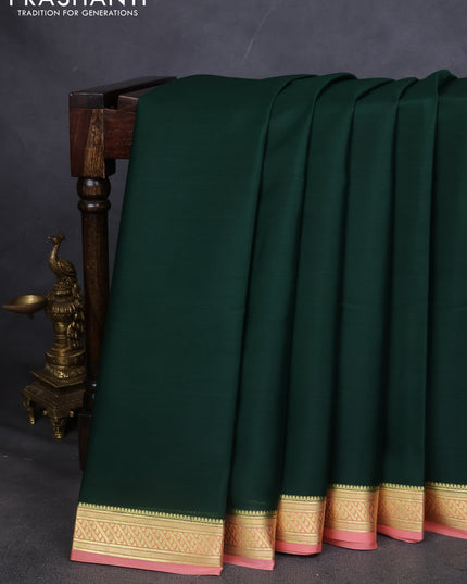 Pure mysore silk saree bottle green and peach orange with plain body and zari woven border