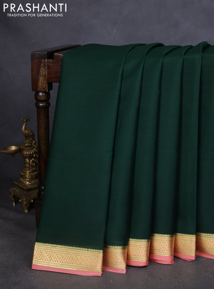 Pure mysore silk saree bottle green and peach orange with plain body and zari woven border