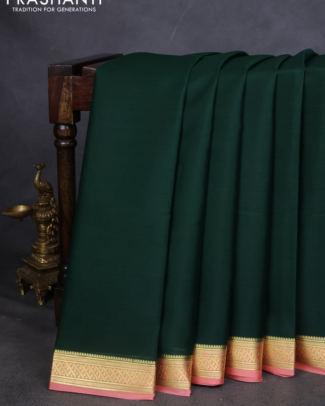 Pure mysore silk saree bottle green and peach orange with plain body and zari woven border