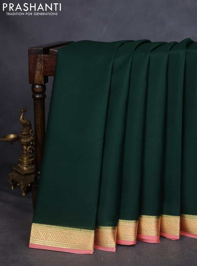Pure mysore silk saree bottle green and peach orange with plain body and zari woven border