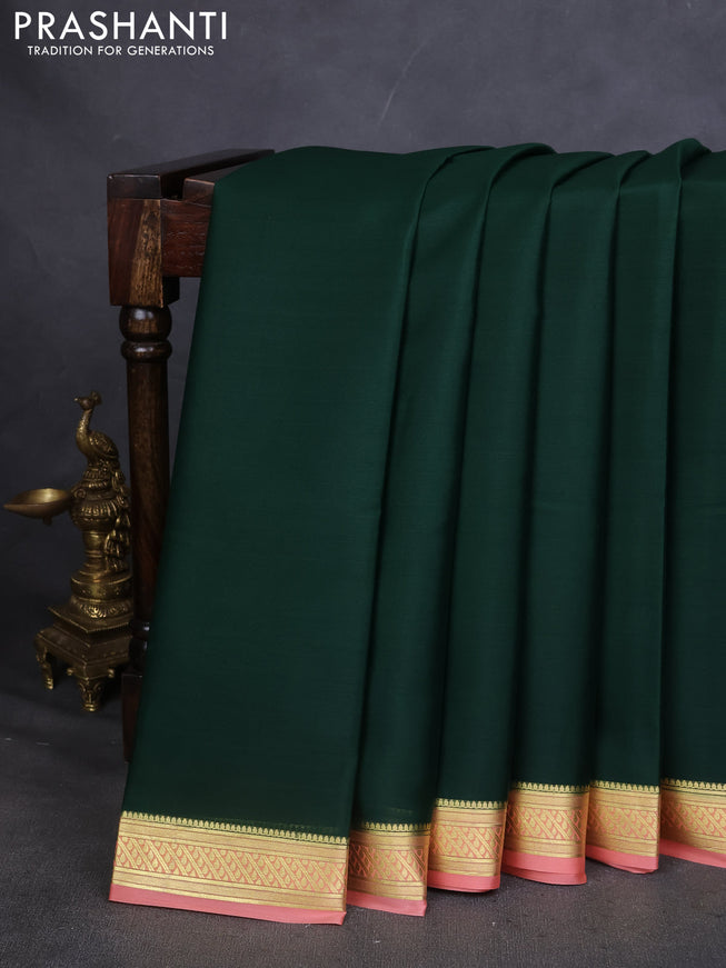 Pure mysore silk saree bottle green and peach orange with plain body and zari woven border