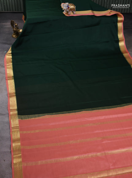 Pure mysore silk saree bottle green and peach orange with plain body and zari woven border