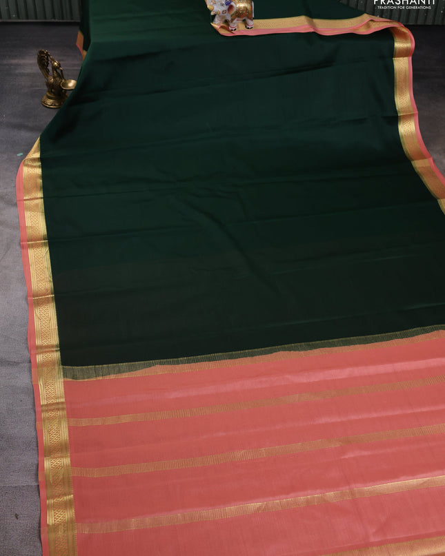 Pure mysore silk saree bottle green and peach orange with plain body and zari woven border