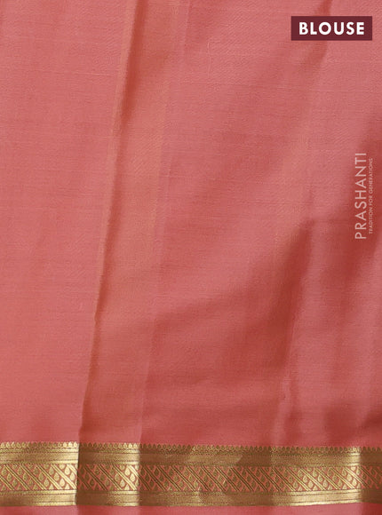 Pure mysore silk saree bottle green and peach orange with plain body and zari woven border