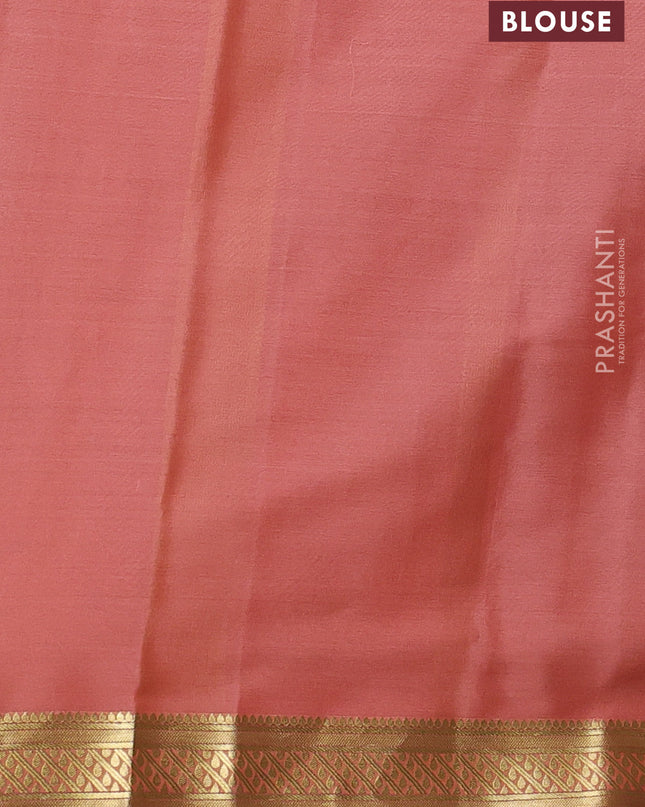 Pure mysore silk saree bottle green and peach orange with plain body and zari woven border