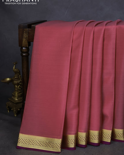 Pure mysore silk saree peach pink and purple with plain body and zari woven border