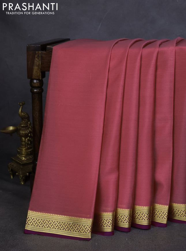 Pure mysore silk saree peach pink and purple with plain body and zari woven border