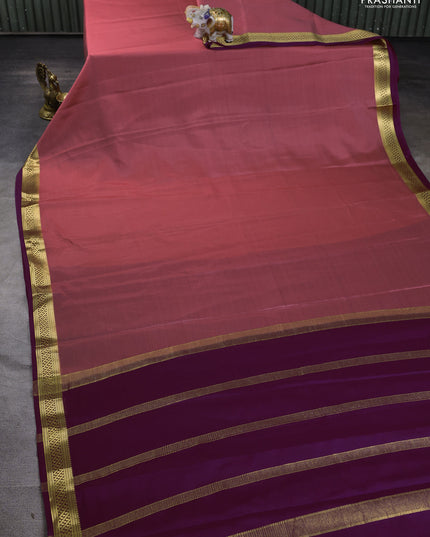 Pure mysore silk saree peach pink and purple with plain body and zari woven border
