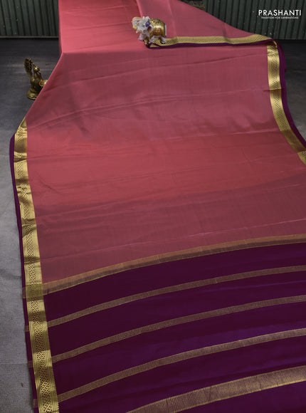 Pure mysore silk saree peach pink and purple with plain body and zari woven border