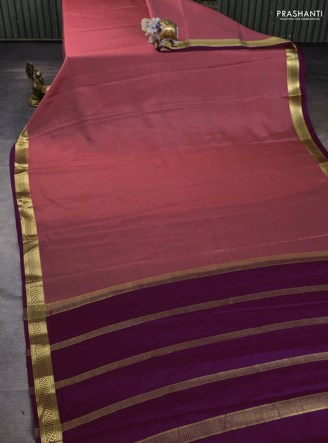 Pure mysore silk saree peach pink and purple with plain body and zari woven border